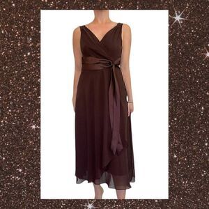 Formal Brown Side Gathered Satin Sash Flowy Cocktail Midi Dress by Evan Picone